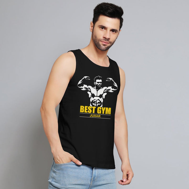 Mens black made in india vest with Best Gym graphic and Juxar branding worn by model