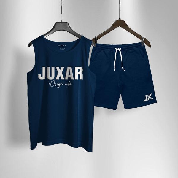 Juxar navy blue tank top and shorts set featuring matching top and shorts with drawstring waist