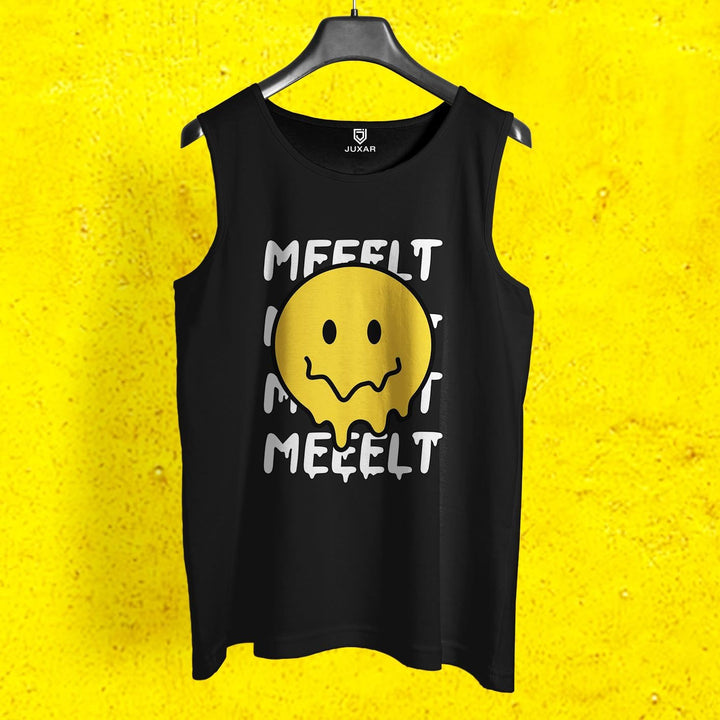 Juxar mens black sleeveless melting smiley face shirt with yellow graphic design