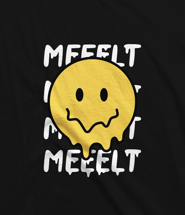 Juxar mens melting smiley face shirt with yellow melting smiley graphic on black fabric