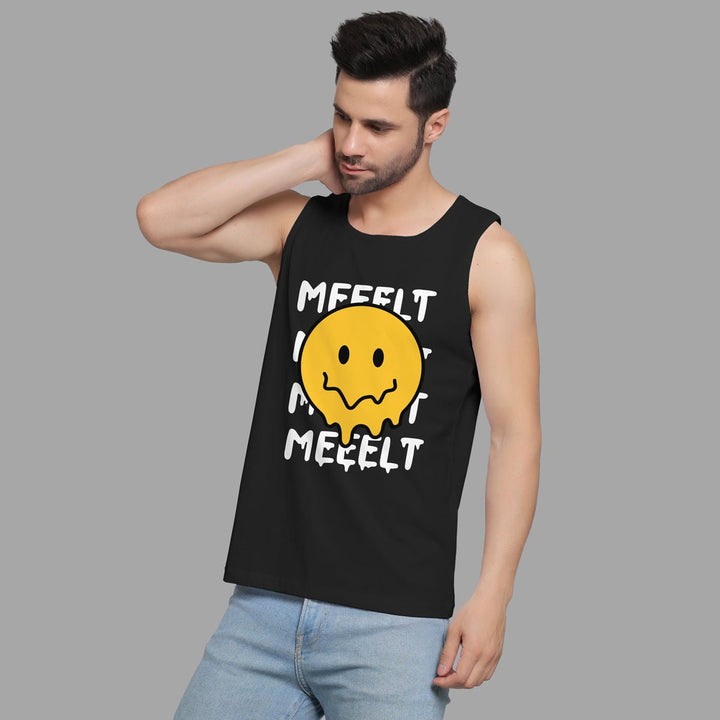 Juxar men's black tank top with yellow melting smiley face shirt graphic and white text