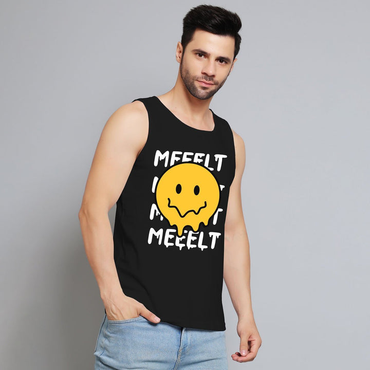 Mens black tank top with melting smiley face shirt graphic and white text by Juxar