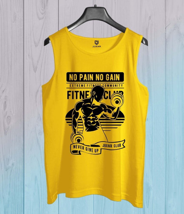 Juxar men's bodybuilding sando in yellow with no pain no gain fitness graphic design
