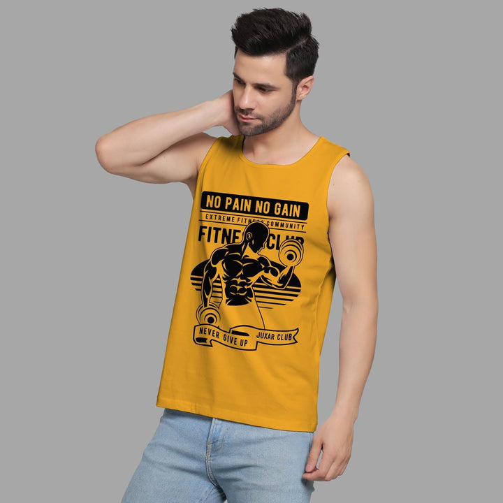 Juxar men's bodybuilding sando in mustard yellow with fitness graphic print and sleeveless design
