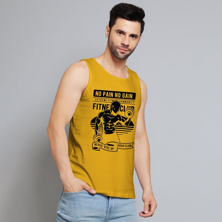 Juxar men's bodybuilding sando in yellow with fitness club graphic and sleeveless design