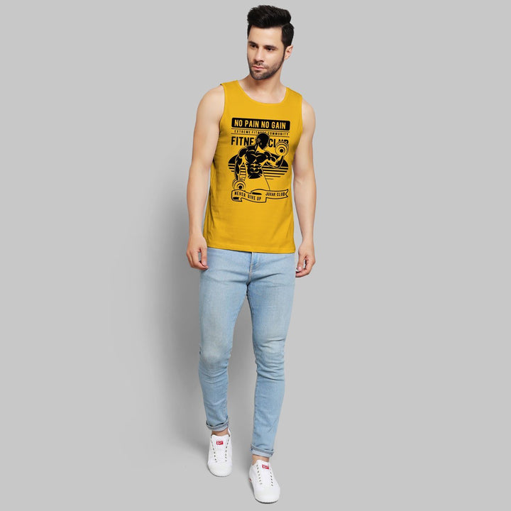 Juxar men's bodybuilding sando in yellow with fitness graphic print worn with light blue jeans