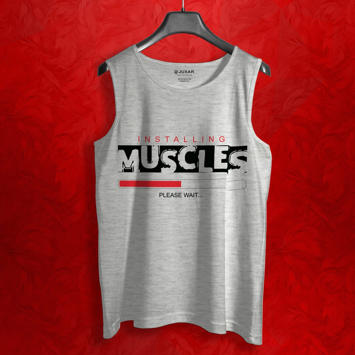 Juxar men's muscle tank top in light gray with installing muscles graphic and progress bar design