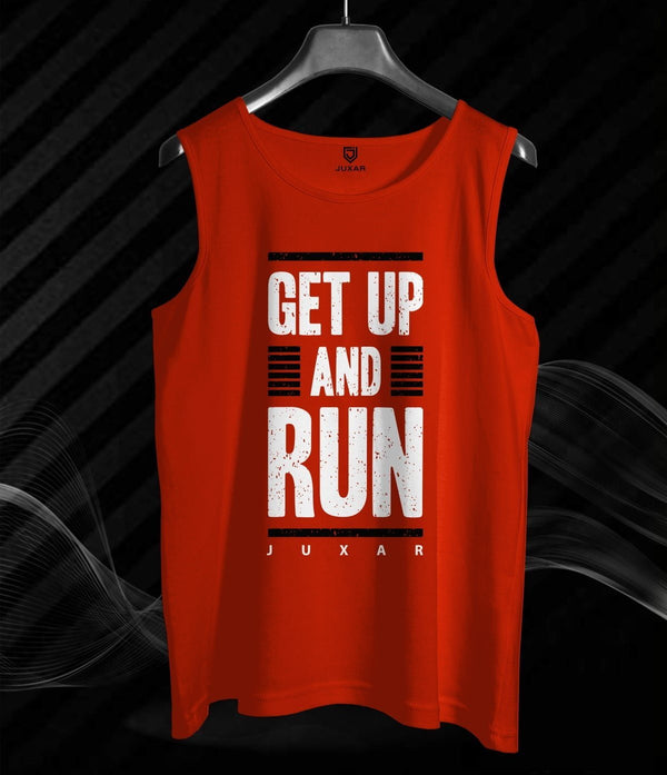 Juxar men's running tank in red with Get Up and Run motivational print on front