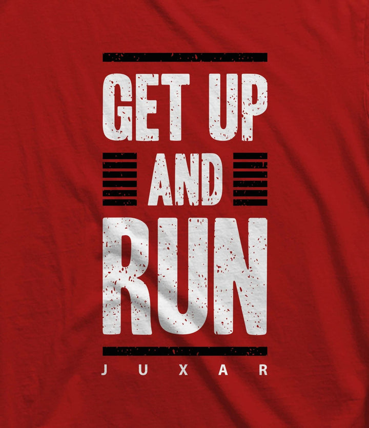 Juxar men's running tank in red with motivational Get Up and Run print on front