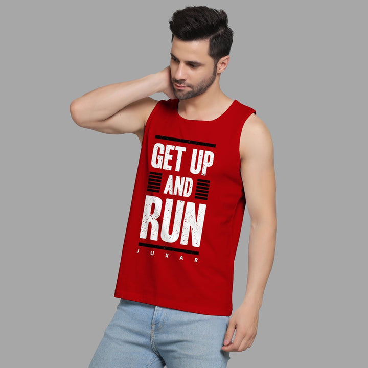 Juxar men's running tank in red with Get Up and Run text graphic worn by male model
