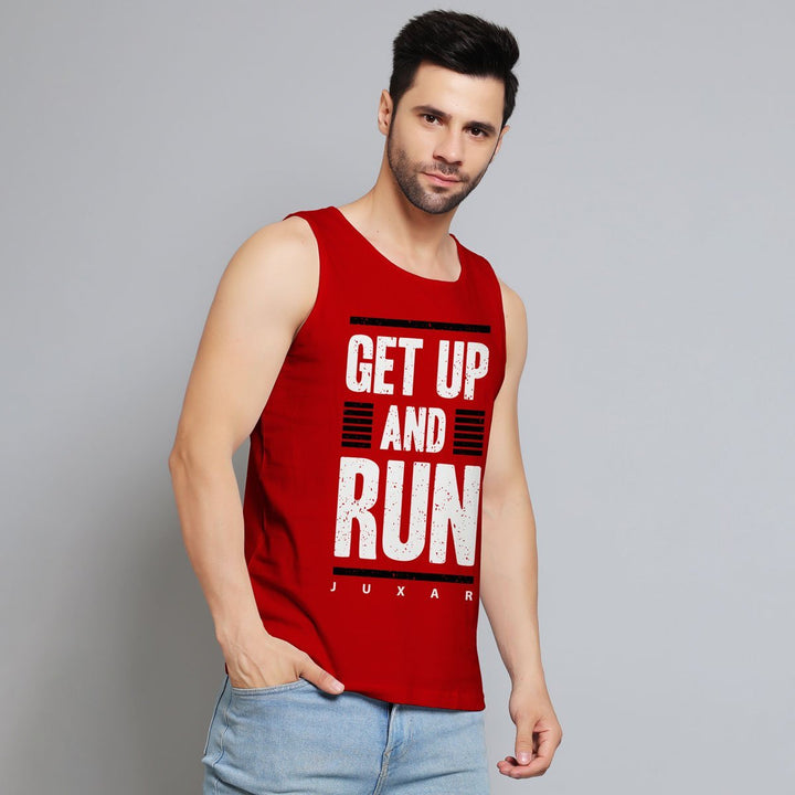 Juxar men's running tank in red with motivational Get Up and Run print worn by male model