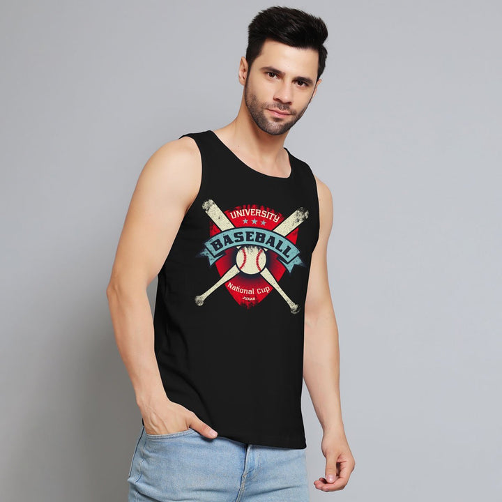 Juxar black men's sando with university baseball print worn by male model