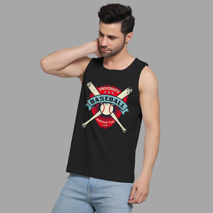 Juxar men's sando black sleeveless shirt with baseball graphic and light blue jeans