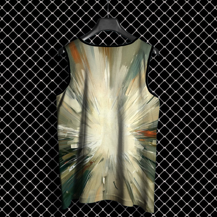 Juxar men's sando with abstract burst design in earthy green and beige tones hanging on black hanger
