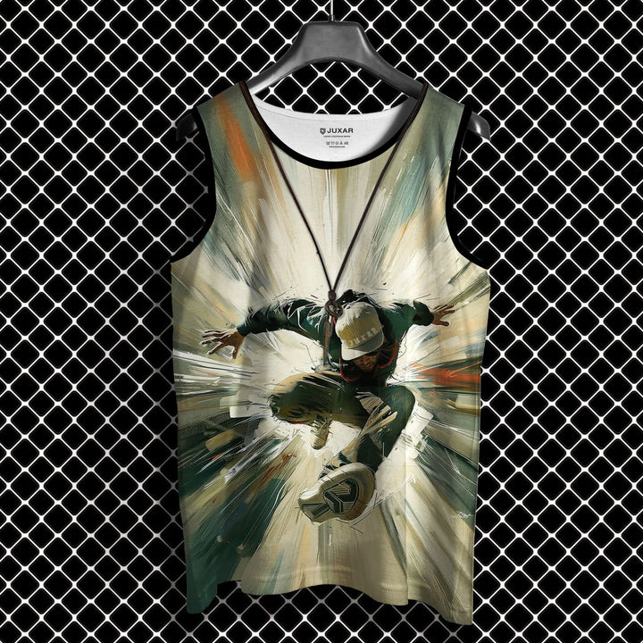 Juxar men's sando with dynamic graphic of a skateboarder in action on sleeveless tank top
