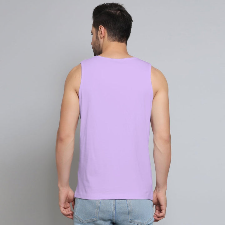 Back view of a man wearing a light purple men's sando with sleeveless design and round neck