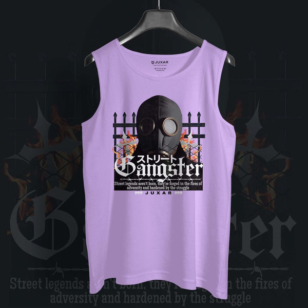 Juxar men's sando in lavender with gangster graphic and Japanese text on front