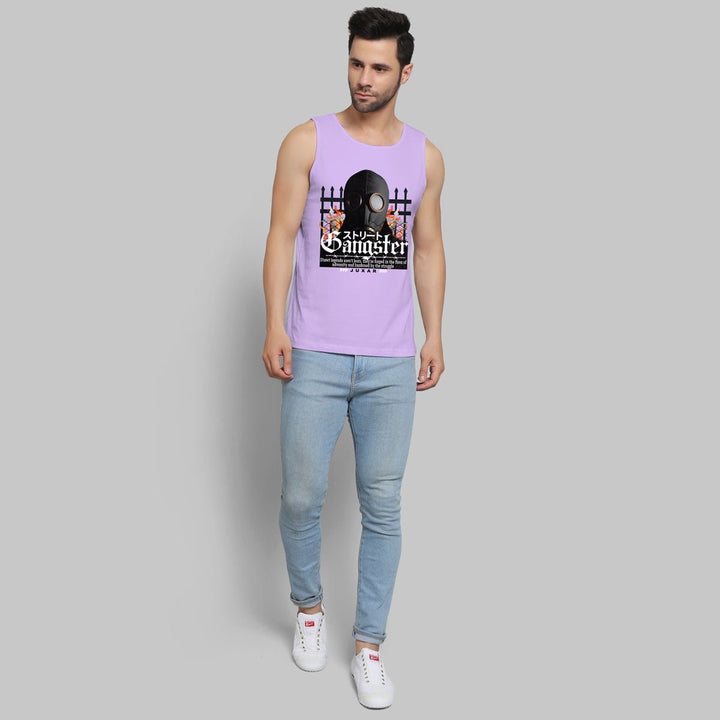 Juxar men's sando in lavender with graphic print worn with light blue jeans and white sneakers
