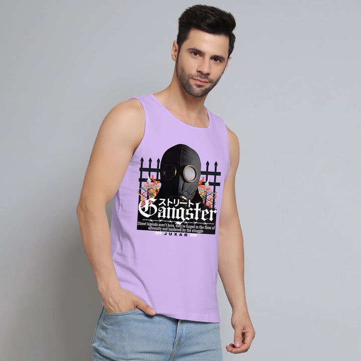 Juxar men's sando in light purple with graphic gangster design worn with blue jeans