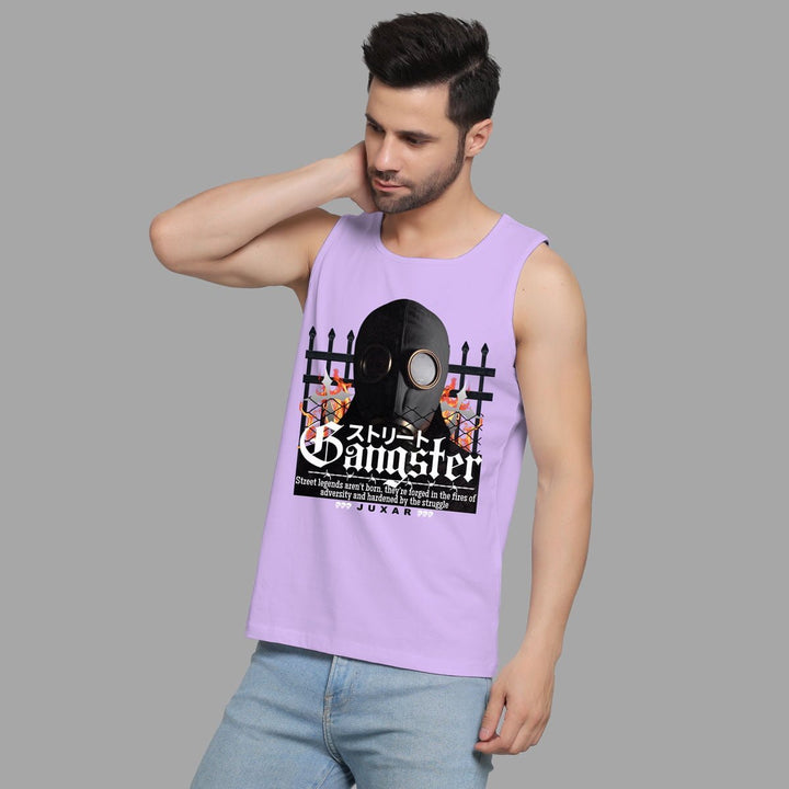 Juxar men's sando in lavender with graphic gangster print and round neckline sleeveless design