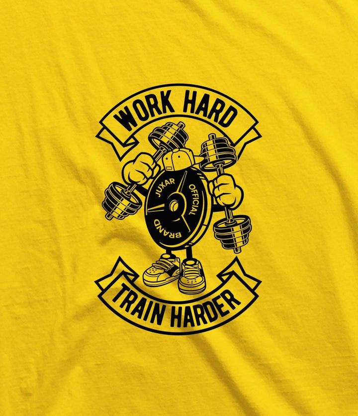 Juxar mens sleeveless gym wear yellow tank top with Work Hard Train Harder dumbbell graphic
