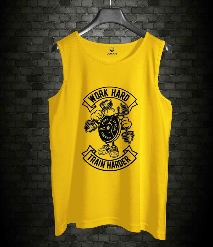 Juxar yellow mens sleeveless gym wear with Work Hard Train Harder black print design