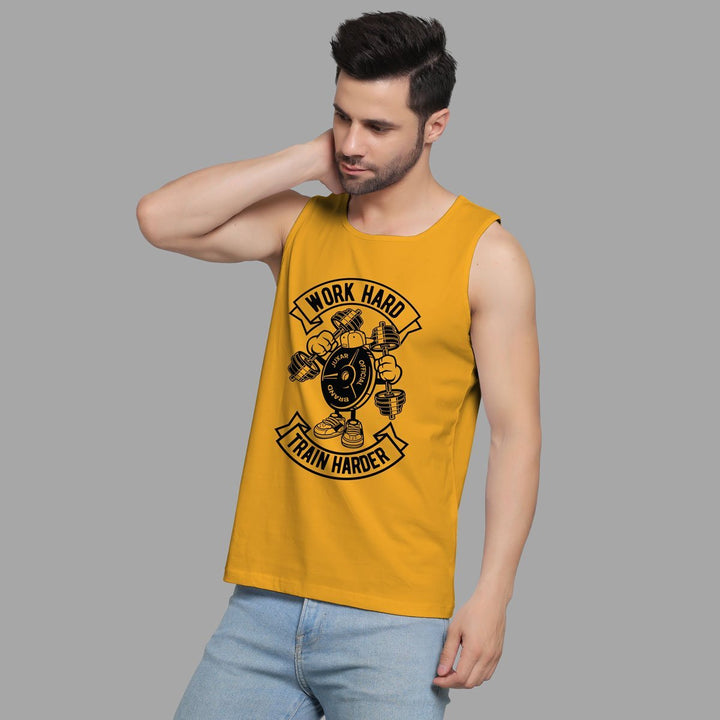Juxar mens sleeveless gym wear in mustard with Work Hard Train Harder graphic print