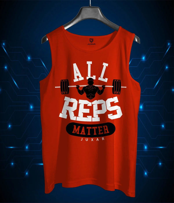 Juxar red mens sleeveless lifting shirt with All Reps Matter graphic and weightlifting design