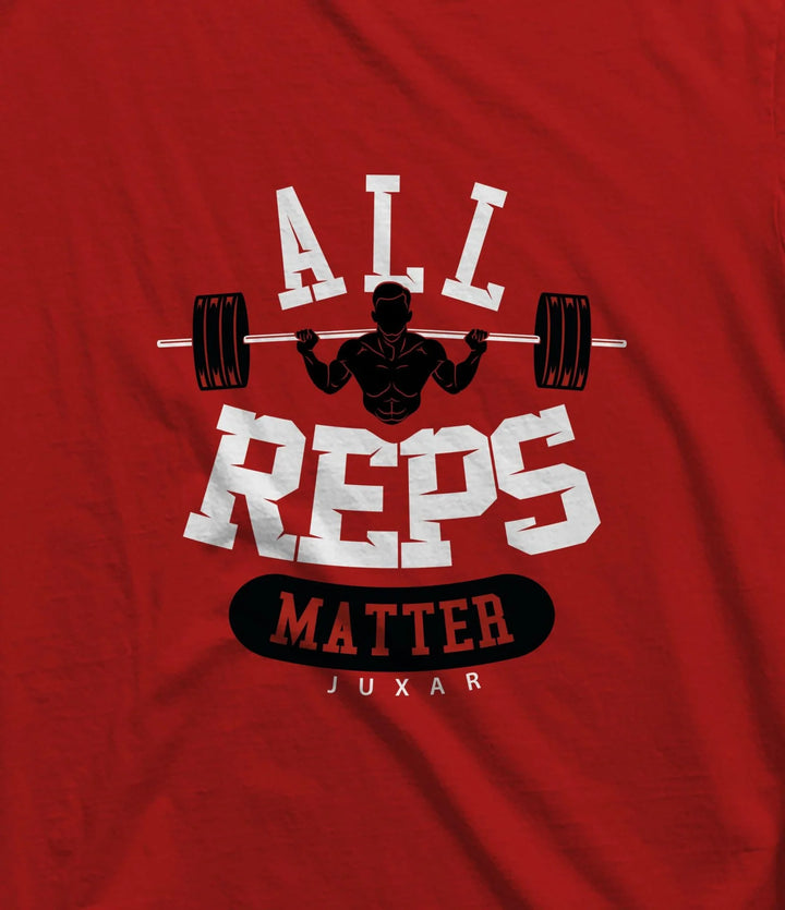 Red mens sleeveless lifting shirt by Juxar with All Reps Matter weightlifting graphic design