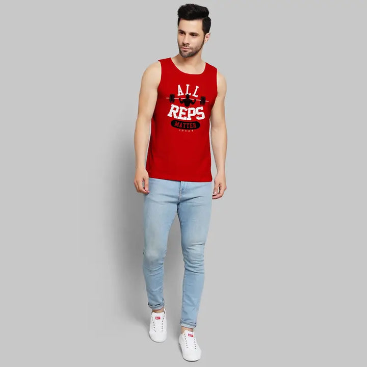 Juxar mens sleeveless lifting shirt in red with All Reps Matter graphic worn with light blue jeans
