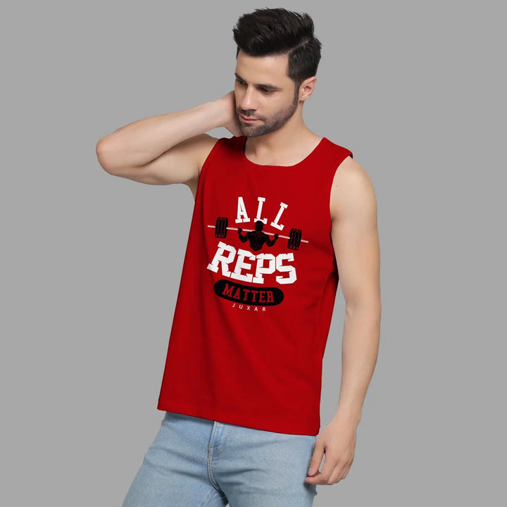 Juxar mens sleeveless lifting shirt in red with All Reps Matter graphic design