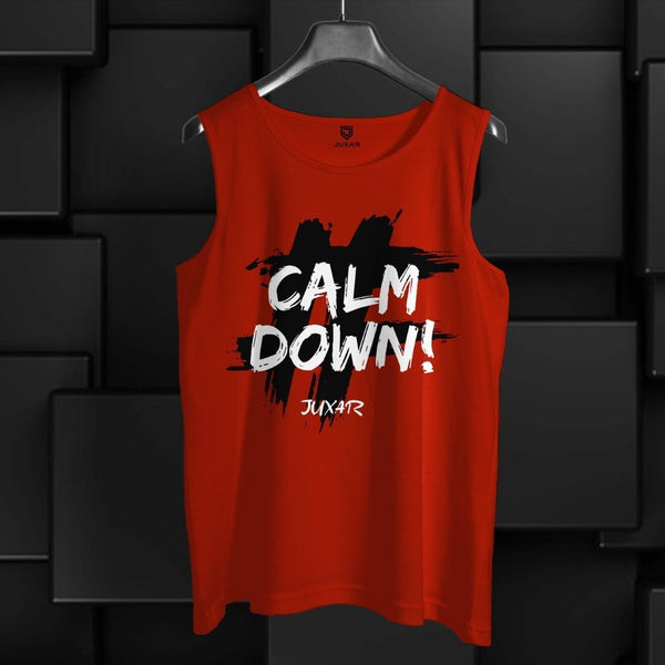Juxar men's sleeveless sando in red with calm down print front and black brushstroke design