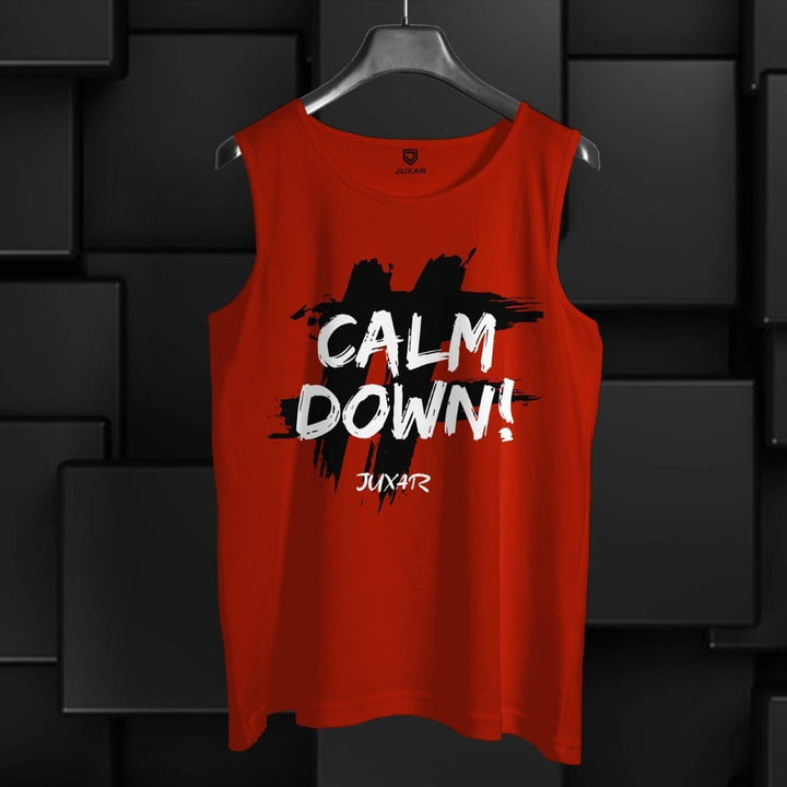 Juxar men's sleeveless sando in red with calm down print front and black brushstroke design