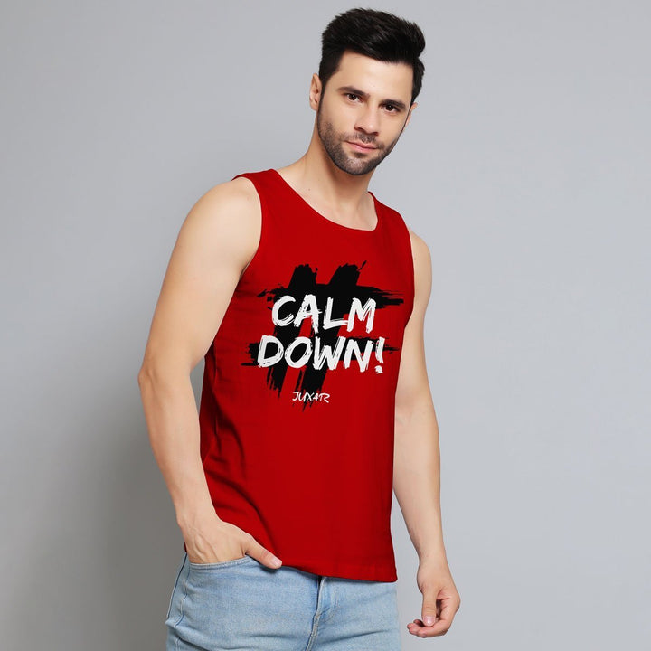 Juxar men's sleeveless sando in red with calm down graphic print worn by male model