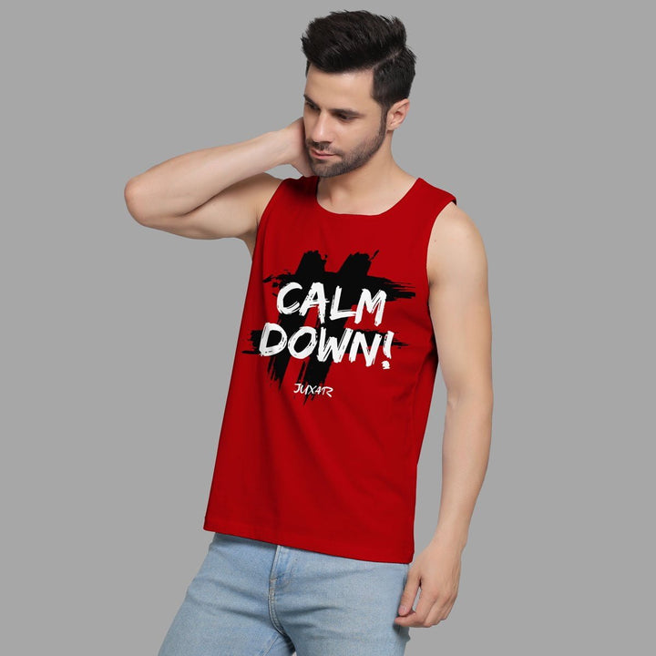 Juxar men's sleeveless sando in red with calm down graphic print and casual fit