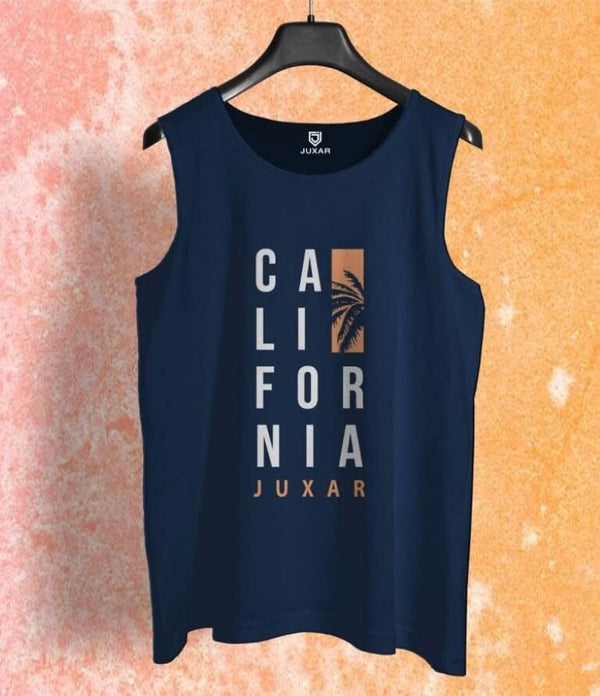 Juxar men's sleeveless summer sando in navy blue with California palm tree graphic design