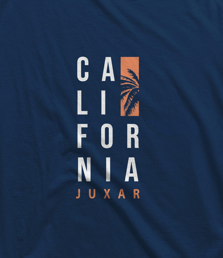 Juxar men's sleeveless summer sando with California text and palm tree graphic on navy fabric