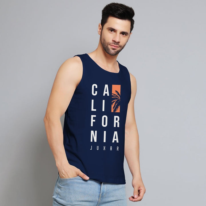 Juxar men's sleeveless summer sando in navy with California print and palm tree graphic