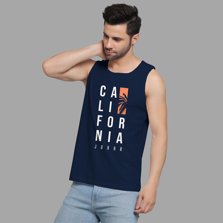 Juxar men's sleeveless summer sando in navy blue with California print and palm tree design