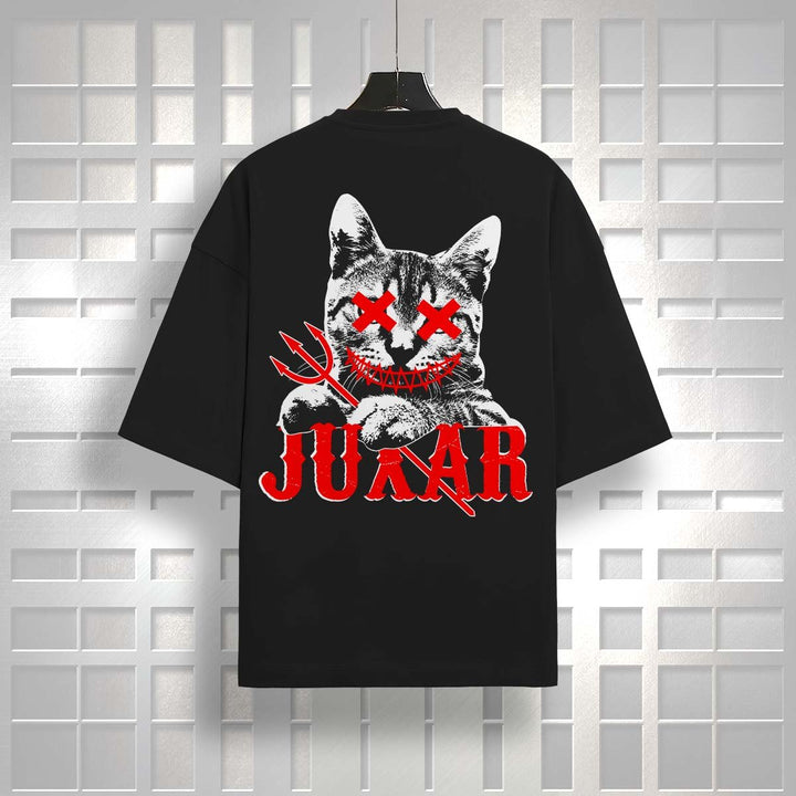 Juxar Meow oversized t-shirt in black with graphic cat design and red devil details