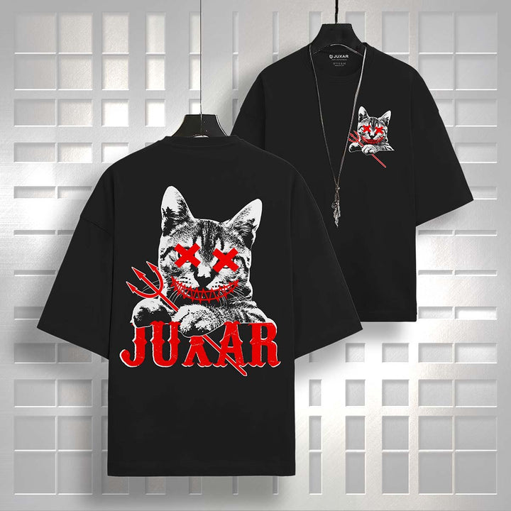 Black Meow oversized t-shirt by Juxar featuring a graphic cat design with red accents on front and back
