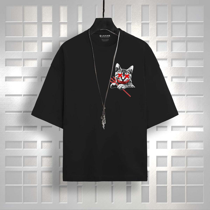 Juxar black Meow oversized t-shirt with cat graphic and red accents on front pocket
