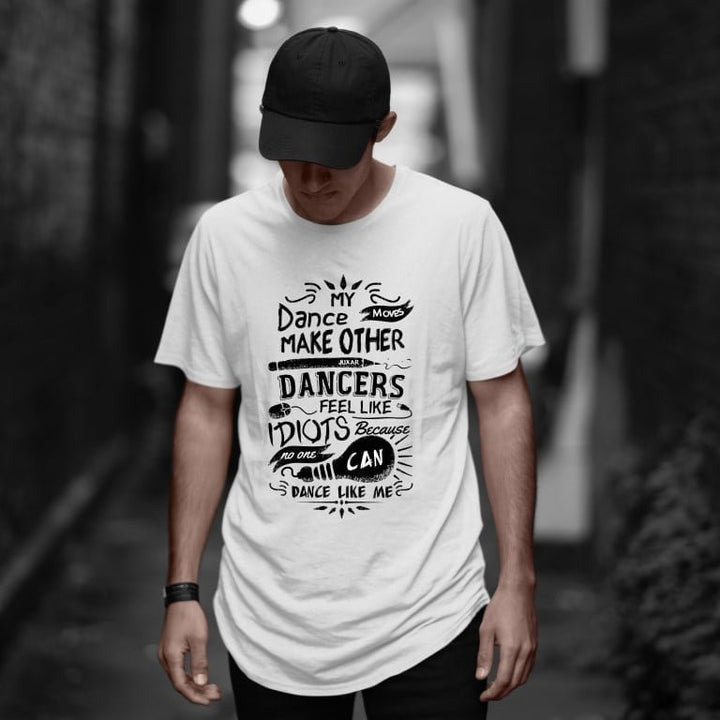 Juxar white cotton longline tee with black typographic print worn by male model minimal cotton longline t shirt design
