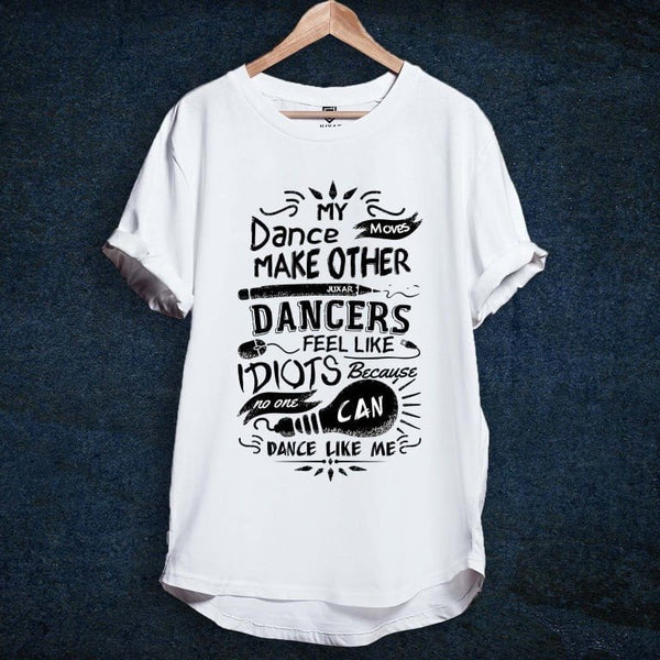 Juxar white cotton longline tee with black dance typography on front minimal cotton longline t shirt design