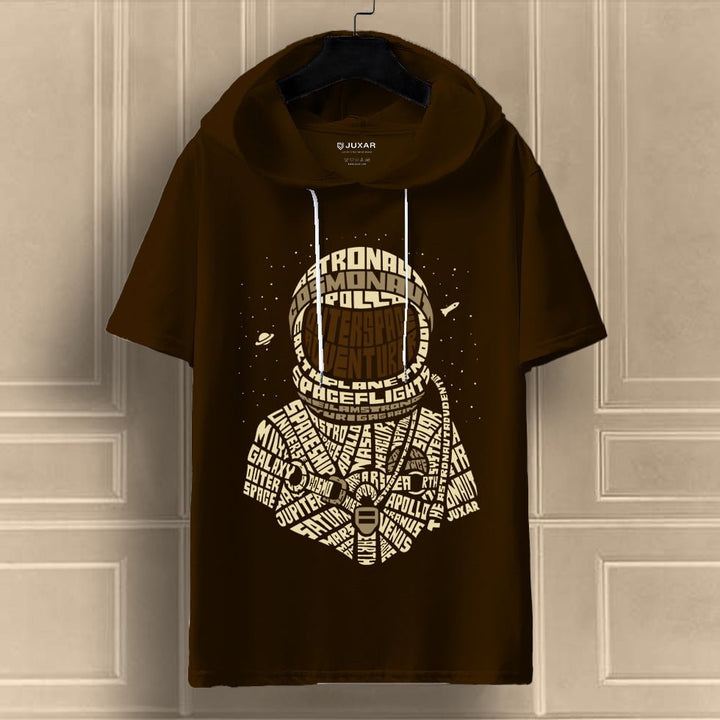Juxar minimal oversized hooded t shirt dark brown astronaut word art graphic short sleeve