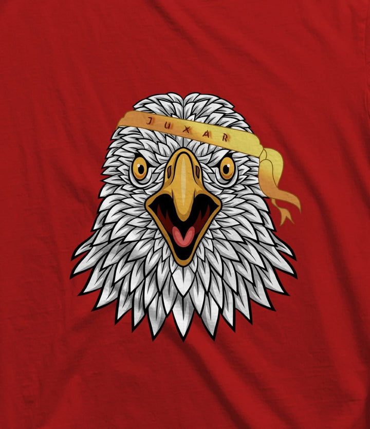 Juxar men's minimalist red sando featuring a bold eagle head graphic with yellow headband