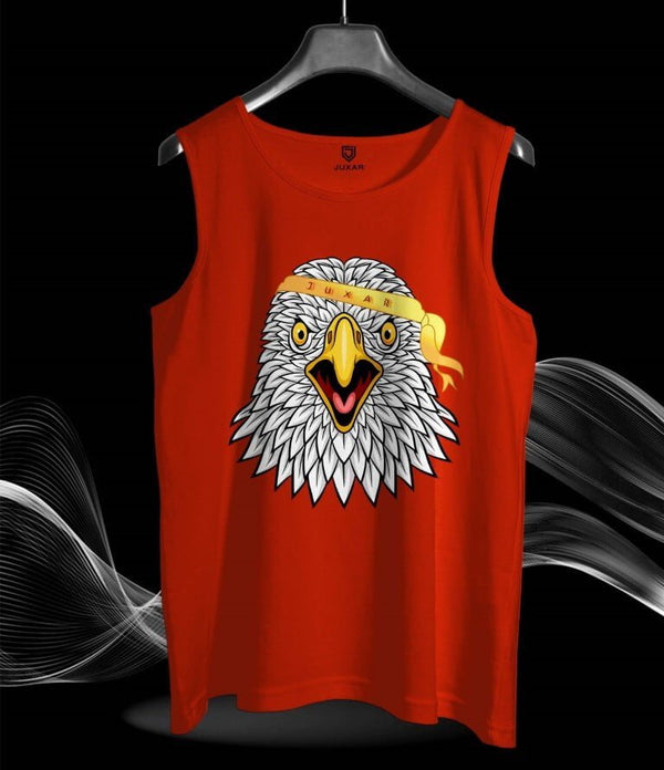Juxar minimalist red sando for men featuring bold eagle graphic with yellow headband