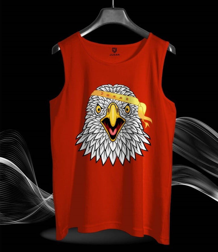 Juxar minimalist red sando for men featuring bold eagle graphic with yellow headband