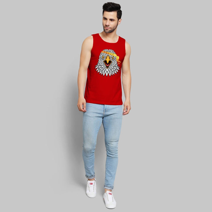 Juxar men's minimalist red sando with eagle graphic paired with light blue jeans and white sneakers