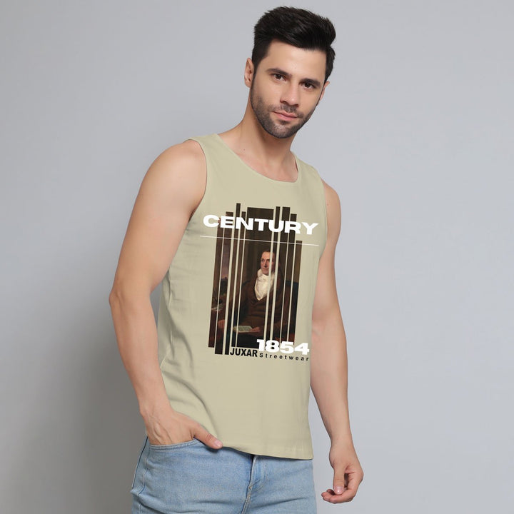 Juxar men's motivation sando in beige with graphic print worn with blue jeans